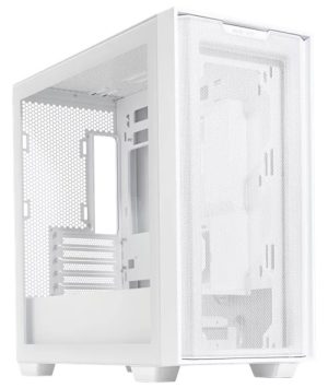 ASUS A21 White Micro ATX Case, Tempered Glass Side Window, No PSU, 2x USB 3.2, HD Audio, Mesh Front Panel