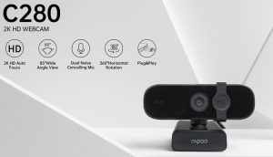 Rapoo C280, 2K Webcam, 85 Degree Wide Angle Lens, 360 degrees, Omini Mic. Noise cancel, AutoF Plug & Play. Teams, Google Meet, Zoom, Win Hello, Wechat