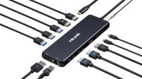 Aluminum 13-in-1 Triple Display USB-C Hub with 100W PD, ABS dock with 2 HDMI2.0 (4K@60/30Hz), DP1.4 4K@60Hz, 4 USB‑A (3×5Gb/s, 1×10Gb/s), 2 USB‑C (100W PD, 10Gb/s), 2 USB2.0, 3.5mm audio, Gigabit RJ45