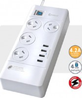 4 Outlet Surge Protected USB Power Board, 4xUSB Port, Cord Length:1m, 2400W,