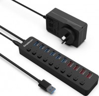 10-Port USB Hub and Charger, 10xUSB-A 3.0 Ports, 48W, Black,
