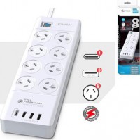 PAD-8088, Surge Powerboard with USB Charging Port, Overload Protected, Outlet: 8, 3xUSB-A Port, 1xUSB-C Port (20W PD), Cord Length: 1m, 2400W,