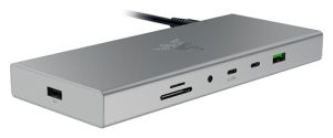 Razer RC21-02280200-R3B1, 14 Port USB 4 Dock, 2x USB-A 3.2 Gen 2, 2x USB-A 3.2 Gen 1, 3x USB-C, 1x DP 1.4, 1x HDMI 2.1, GbE Port, 3.5mm Audio Port, SD/MicroSD Card Slot, Aluminium Finish, Dual Monitor Support, Compatible with Windows/macOS, Mercury White
