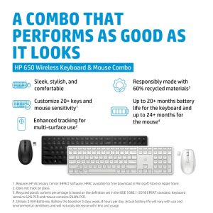 HP 4R016AA, 650 Wireless Keyboard and Mouse Combo, USB-A, White,