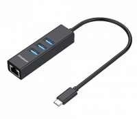Aluminium USB-C to 3 Port USB HUB with Gigabit Ethernet Adapter, Black